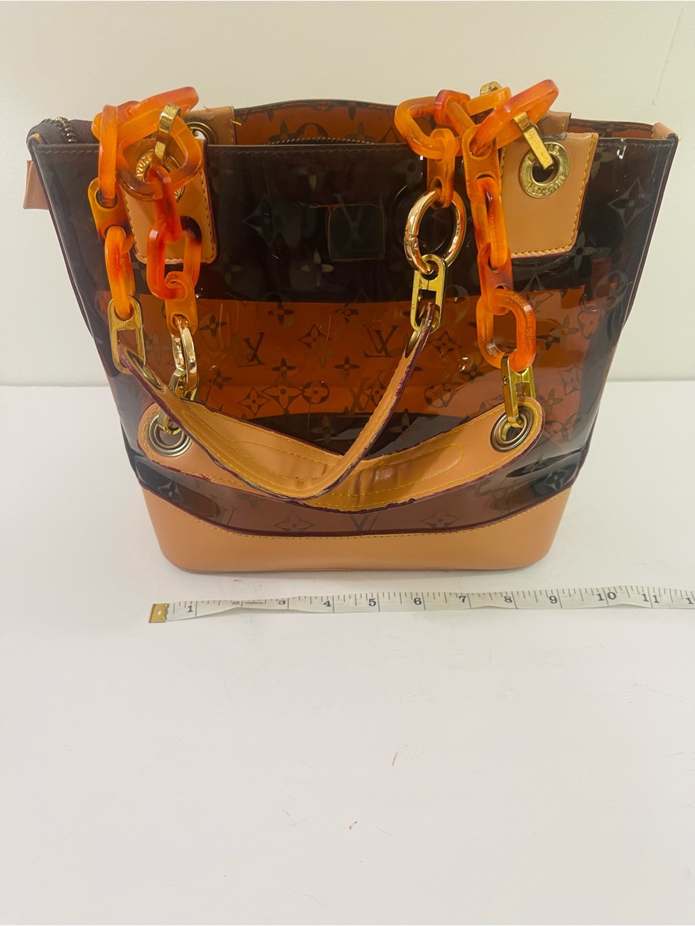 Brown Transparent Monogram Tote with Amber Chain Straps - Picture 13 of 16